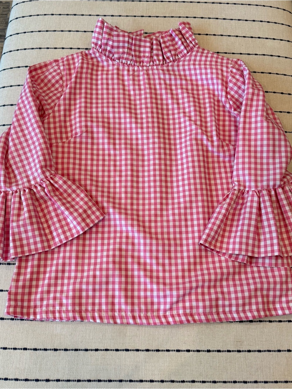 Pink Gingham Ruffle-Neck Blouse